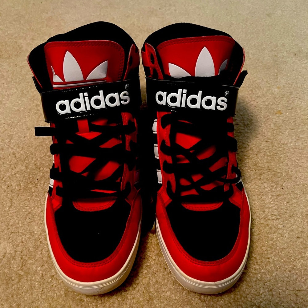 Adidas ortholite high top red, black, and white